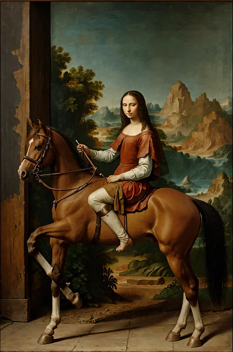 naked Mona Lisa on a red horse, picture, canvas