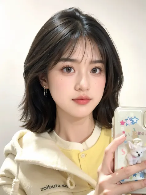 there is a woman with a cell phone in her hand, 年轻cute korean face, cute korean face, Urzan, Young cute asian face, short hair, girl cute and delicate face, jinyoung shin, Kim Doyoung, Minami Zaiwa, Cute and natural anime face, Has a cute and delicate face...