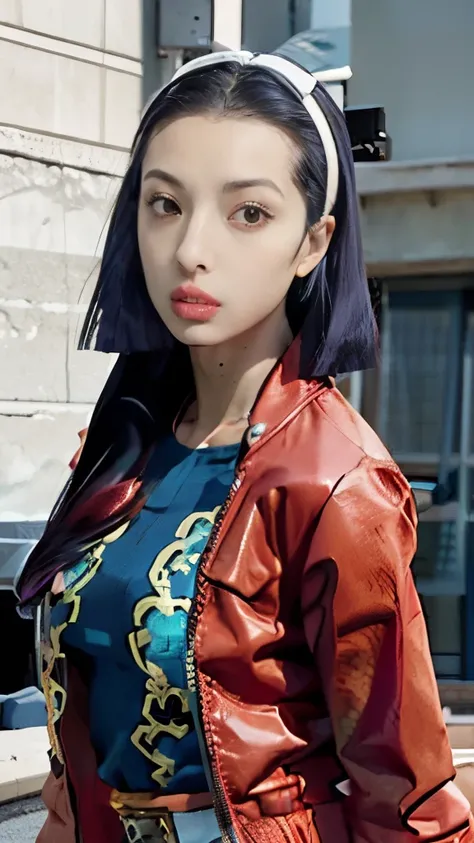 a woman in a red jacket and blue dress standing in front of a house, in jojos bizarre adventure, faye valentine from cowboy bebop, posing as a jojo character, maya fey from ace attorney, misato katsuragi, jojo anime style, nico robin, tsubasa nakais style,...