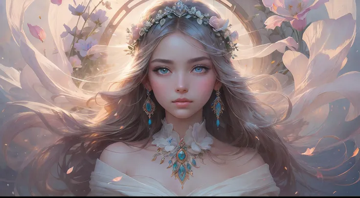 This artwork is dreamy and ethereal, with soft pink watercolor hues. Generate a delicate and demure flower maiden with soft, realistic hair dancing in the breeze. Her sweet, realistic face is extremely detailed and has puffy, big lips and stunning, highly ...