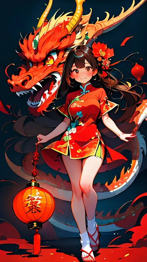 chinese new year,  1girl,  solo,  long hair,  looking at viewer,  blush,  smile,  bangs,  brown hair,  hair ornament,  dress,  holding,  brown eyes,  medium breasts,  closed mouth,  standing,  full body,  flower,  short sleeves,  socks,  hair flower,  bare...