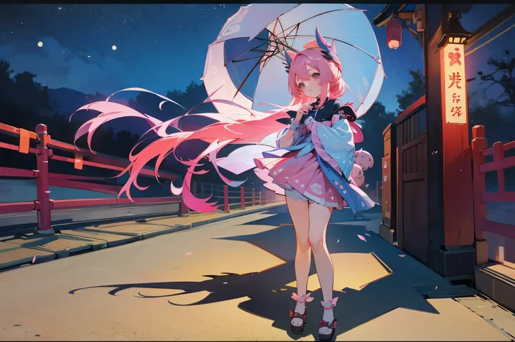 girl，cute，loli，full-body shot，Stand on the street，lantern，night，soiree，Spring Festival，pink hair