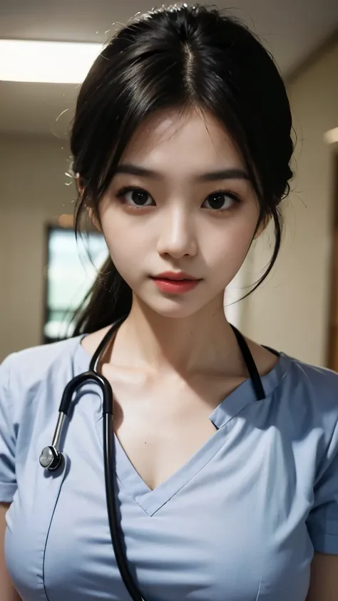 Slender Asian girl, kpop idol, ((nurse)), in the medical ward, ((top quality, 8k, masterpiece: 1.3)), crisp focus: 1.2, beautiful woman with perfect figure: 1.4, huge breast, highly detailed face and skin texture, detailed eyes, ((skinny)), beautiful face,...