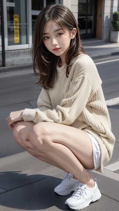 Photo taken by a professional photographer，Close-up of a woman squatting on the sidewalk with her legs crossed, kiko mizuhara, wearing a sweater, Shirahime cut brown hair, wearing a sweater, young and cute girl, japanese model, 白いwearing a sweater, Chiho, ...