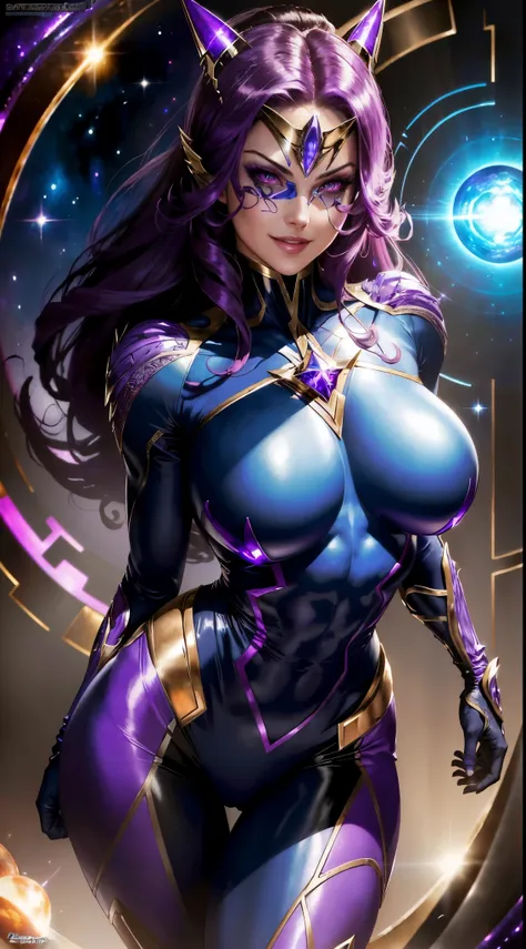 ((masterpiece)), ((8k resolution)), ((a beautiful female super villian)), star sapphire lantern from DC comics, metallic, red eyes,perfect body, big breast    , in purple planet, muscular, strong, (((4k))), ((((highly detailed)))), strong, glow, neon, laug...