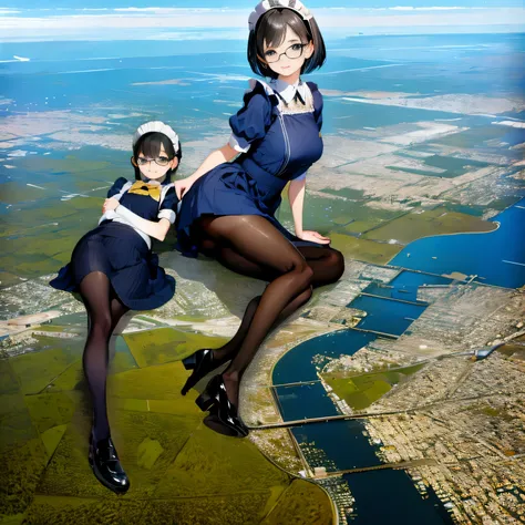 multiple girls, Giantの芸術, 非常に詳細なGiantショット, Giant, short hair, A maid that is much bigger than a skyscraper, wearing rimless glasses, big breasts, big ass, navy maid uniform, black pantyhose, black shoes, very small metropolis, miniature metropolis, crush t...