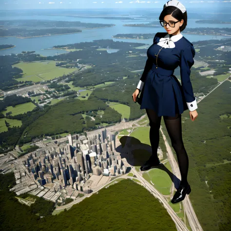 multiple girls, Giantの芸術, 非常に詳細なGiantショット, Giant, short hair, A maid that is much bigger than a skyscraper, wearing rimless glasses, big breasts, big ass, navy maid uniform, black pantyhose, black shoes, very small metropolis, miniature metropolis, crush t...