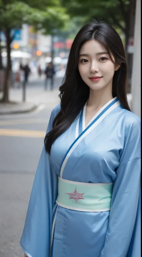 Foto hiperrealista en primer plano de Kim Ji-soo from Korea, masterpiece, best quality, (photorealistic:1.4), full body, blue Korean kimono, China Town, sunny day, cinematic light, beautiful woman, skinny, large big breasts, black long hair, detailed face,...