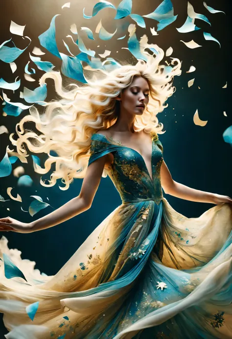 (Confetti dancing on a beautiful gold and blue delicate wedding dress），beautiful model，blonde，Super long flying curly hair，Alyssa Lazer (Aliza Razell) style, beautiful details, beautiful details，Long range shooting，whole body，elevation angle，The art of pap...