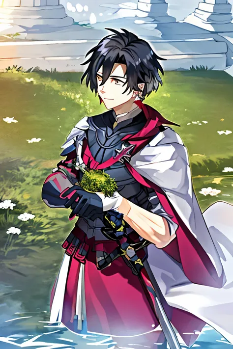 Super detailed、highest quality、short black hair、cool look、red earrings、short black hair、brown eyes、neutral face、1 male、30 generation men、dark background、narrowed eyes、Ruins covered with ivy、mossy ruins、Ruins covered in greenery、Stunted plants、look down、敬虔に...