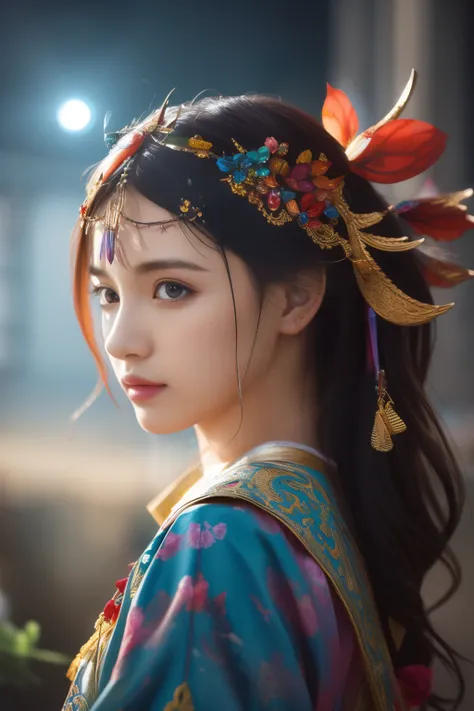 (8k, RAW photo:1.2),best quality, ultra high res,dramatic angle,(fluttered detailed color splashs), (illustration),(((1 girl))),(long hair),(rain:0.9),(hair ornament:1.4),there is an ancient palace beside the girl,chinese clotheocus on), color Ink wash pai...