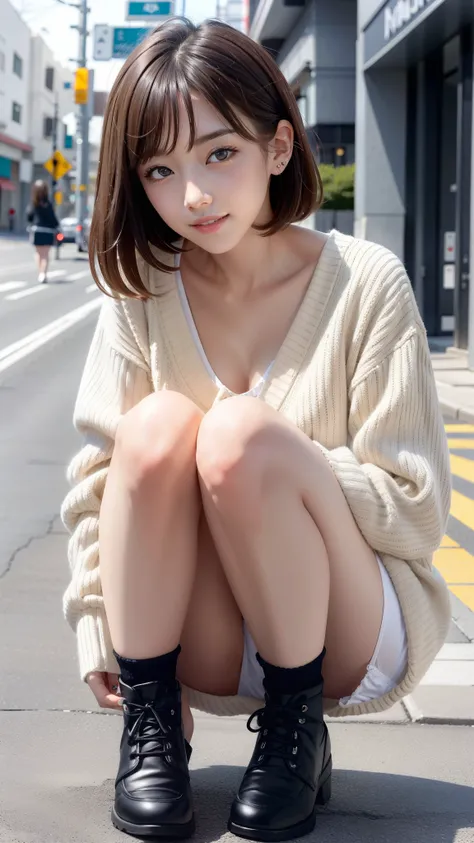 Photo taken by a professional photographer，Close-up of a woman squatting on the sidewalk with her legs crossed, kiko mizuhara, wearing a sweater, Shirahime cut brown hair, wearing a sweater, young and cute girl, japanese model, 白いwearing a sweater, Chiho, ...