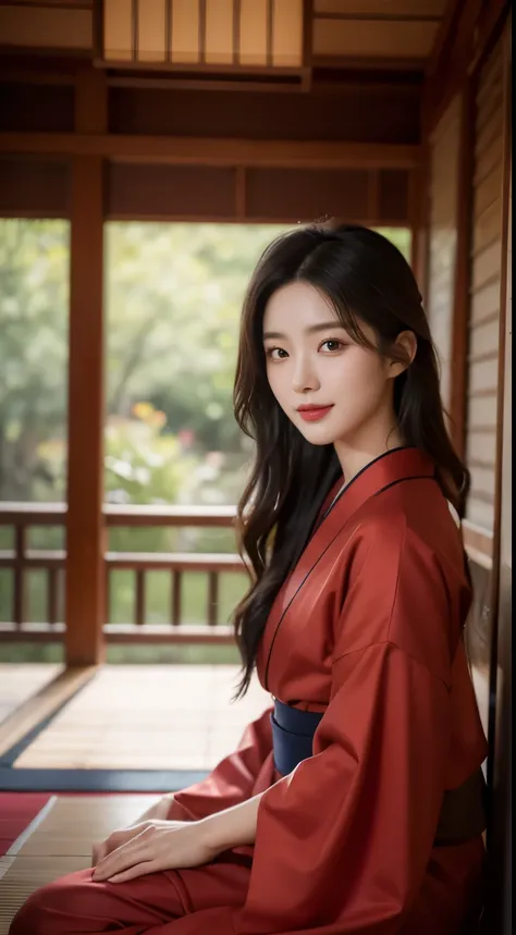 Foto hiperrealista en primer plano de Kim Ji-soo from Korea, masterpiece, best quality, (photorealistic:1.4), full body, in red kimono, inside a Korean teahouse, , cinematic light, beautiful woman, skinny, black long hair, detailed face, smile, facing the ...