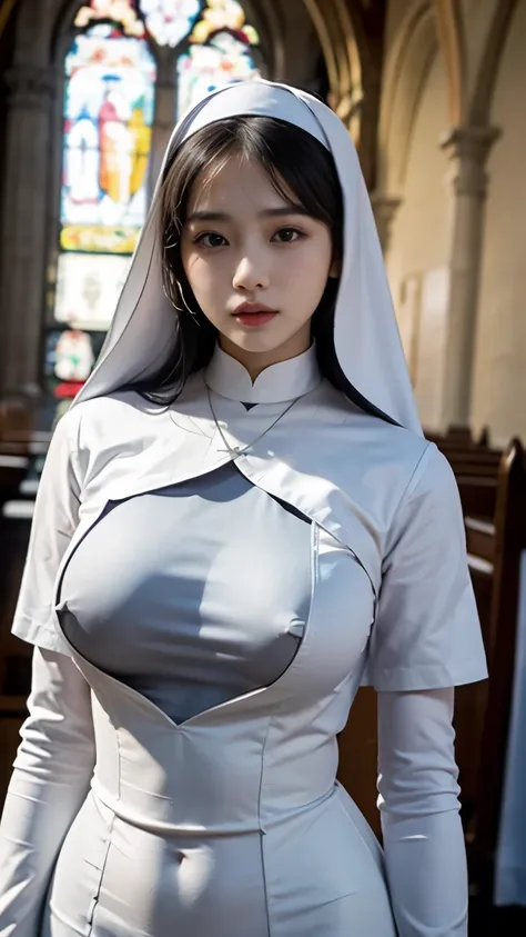 Slender Asian girl, kpop idol, ((naughty nun)), in the church, ((top quality, 8k, masterpiece: 1.3)), crisp focus: 1.2, beautiful woman with perfect figure: 1.4, highly detailed face and skin texture, extremely large breasts, long nipples, detailed eyes, (...