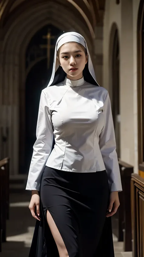 Slender Asian girl, kpop idol, ((naughty nun)), in the church, ((top quality, 8k, masterpiece: 1.3)), crisp focus: 1.2, beautiful woman with perfect figure: 1.4, highly detailed face and skin texture, extremely large breasts, long nipples, detailed eyes, (...