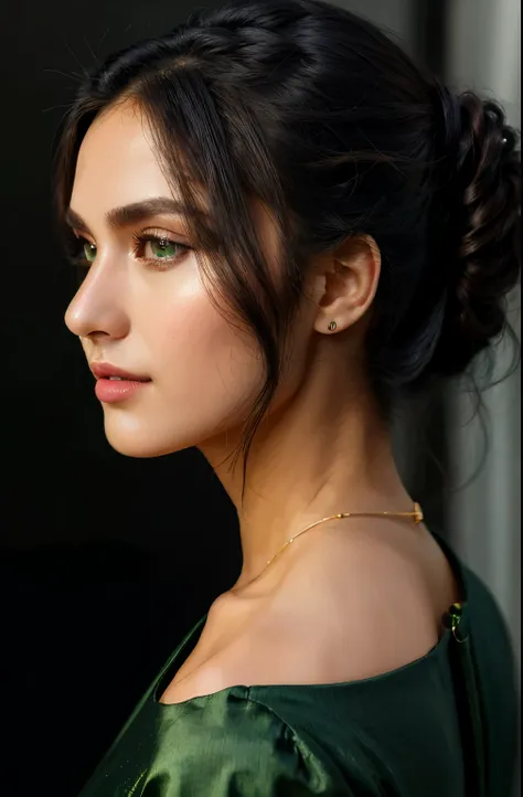 Anucha in a green outfit poses for a photo., เผยให้เห็นไหล่ของเธอfrom behind, elegant profile poses, Look at her shoulder., profile poses, Make elegant poses., Side pose, Back posture, Actress, from behind, Stunning graceful gesture, Post in profile, side ...