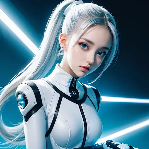 full body cyber girl with a ponytail. ariana grande's face. bright white color to show she's a cyber girl whit laser rifle. whit...