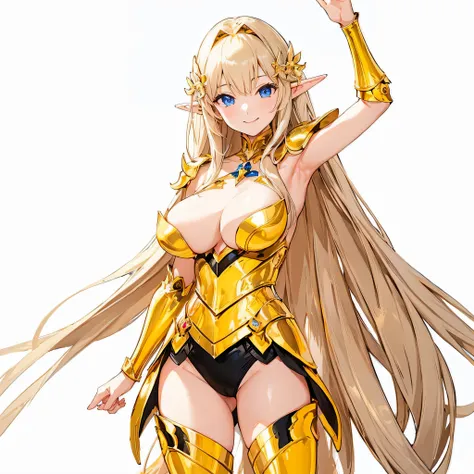 masterpiece、highest quality、very detailed、High resolution、１６ｋ、Thin contours、I can see the nipples、chest proportions、elfの女の子、golden armor shines、Sheer white skirt、black pants、very white skin、beautiful fingers、Anime girl very big breasts naked pose、perfect s...