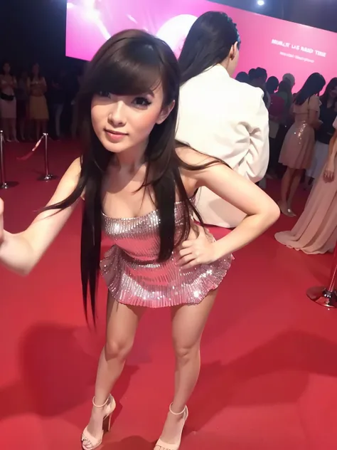 woman, pink off shoulder dress, Smooth thighs, standing style feminine, selfie with fans, at red carpet with sparkling lights, long black hair, little smile, red polish nails, heels, beautiful face, full body, high quality, photorealistic, masterpiece