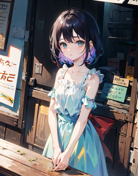 Rich colors by alien artist, bright colors, night nucleus, small street style,A little girl stands near a roadside stall, Wooden doors and windows, There&#39;s a cat outside, Delicate depiction of plants, bright color palette style, Magical girl, cute and ...