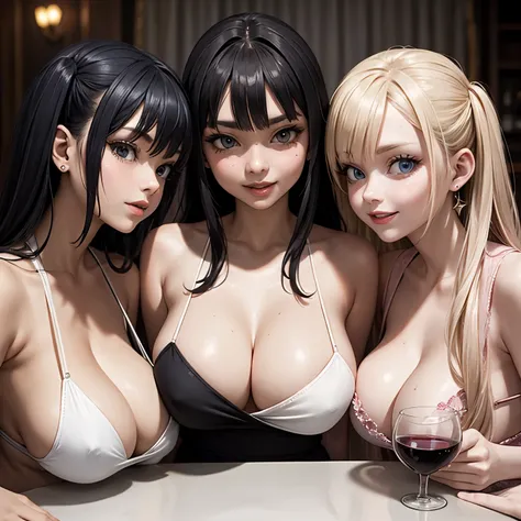 3 beauty students, drunken, 18yo, multiple hairstyles, 1 blonde, 1 pink hair, 1 black hair, wearing nightdresses, cleavage, big ass, holding wine cup, at bedroom