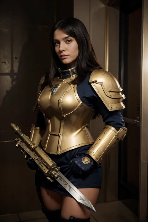 A beautiful girl dressed from head to toe in space marine tech armor , with a jet knapsack, a sword in his hands and a bolter  , golden-colored armor in the Warhammer style warhammer space marine astartes  , she stands in a well-lit room next to the capsul...