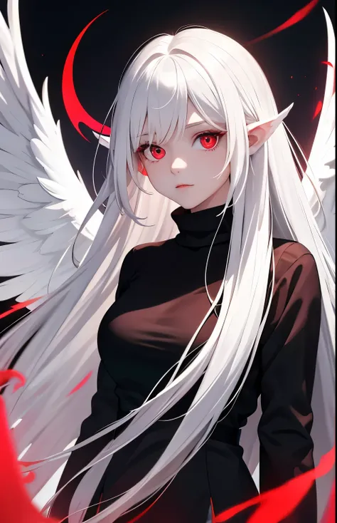 masterpiece, best quality, 1girl, white hair, red eyes, long hair, white wings, night, red moon, upper body, red aura, black sweater, black skirt, angel wings, long view, gasses