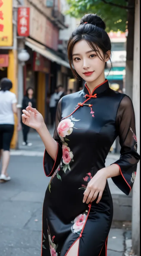 Foto hiperrealista en primer plano de Kim Ji-soo from Korea, masterpiece, best quality, (photorealistic:1.4), full body, Luxurious Black Satin Dragon Phoenix Chinese Dress Cheongsam Qipao dress with t-sleeves, China Town, sunny day, cinematic light, beauti...