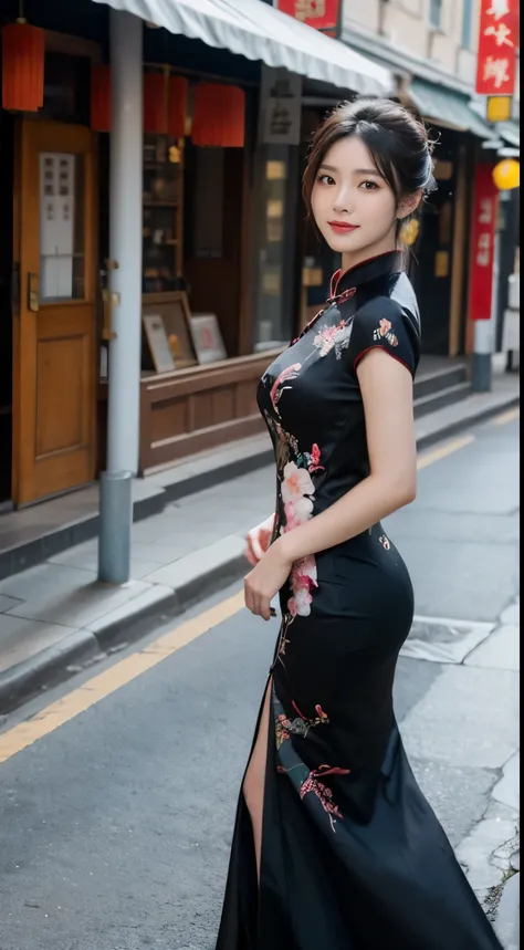 Foto hiperrealista en primer plano de Kim Ji-soo from Korea, masterpiece, best quality, (photorealistic:1.4), full body, Luxurious Black Satin Dragon Phoenix Chinese Dress Cheongsam Qipao dress with t-sleeves, China Town, sunny day, cinematic light, beauti...