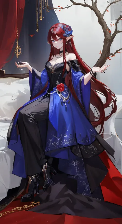 black红色短发,close up,dream world,Elf royal sister,Long dark red hair,Nice blue eyes,Prom Hall,grace,earrings,(荆棘earrings,Thorn Head Chain),necklace,humanoid, Prom background,Baroque, her skin is white, fair complexion,(red evening dress,black色的火焰与荆棘,Thorn Dr...