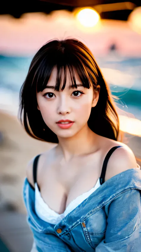 (realistic, photo-realistic:1.4), (extremely detailed 8k wallpaper), sharp focus, bokeh, detailed beautiful eyes and skin, (Image from thighs to head:1.2), Canon R5 50mm, (Japanese idol:1.4), 25yo, beautiful woman, large breast, Casual striped off-shoulder...