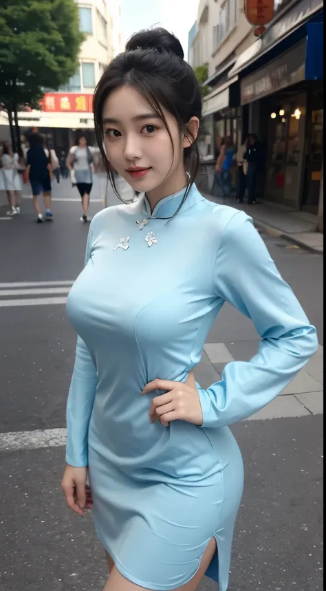 Foto hiperrealista en primer plano de Kim Ji-soo from Korea, masterpiece, best quality, (photorealistic:1.4), full body, Luxurious light blue Satin mini mini mini Qipao dress with long sleeves, woking on the street in China Town, sunny day, cinematic light...