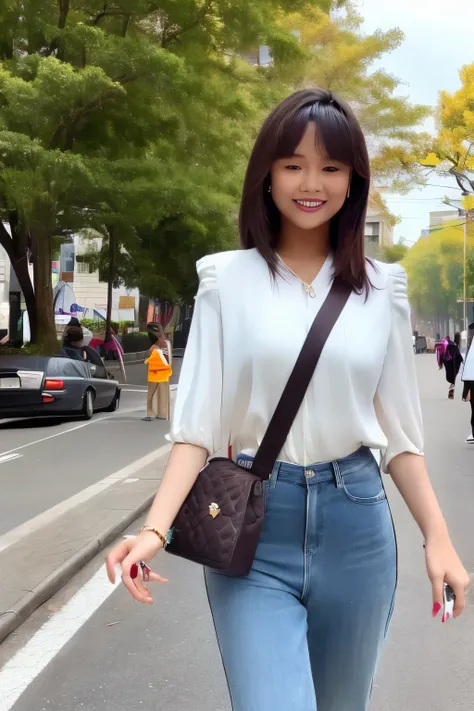 A very beautiful Burmese girl walks on the main road with a park on the side and the Burmese Independence Stone behind 3d 4k