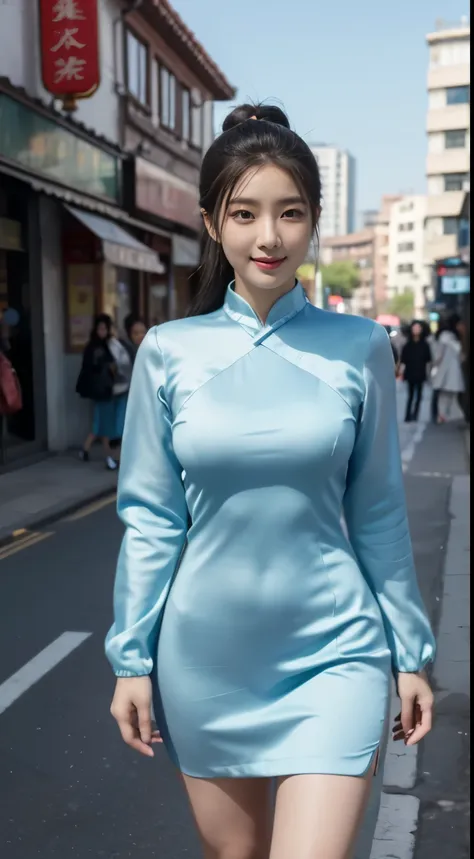 Foto hiperrealista en primer plano de Kim Ji-soo from Korea, masterpiece, best quality, (photorealistic:1.4), full body, Luxurious light blue Satin mini mini mini Qipao dress with long sleeves, woking on the street in China Town, sunny day, cinematic light...