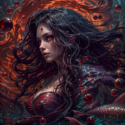 high details, best quality, 16k, [ultra detailed], masterpiece, best quality, (extremely detailed), full body, ultra wide shot, RAW, photorealistic, dark fantasy art, dnd art, rpg art, realistic art, an ultra wide picture of a vampiric mermaid (1.5 intrica...