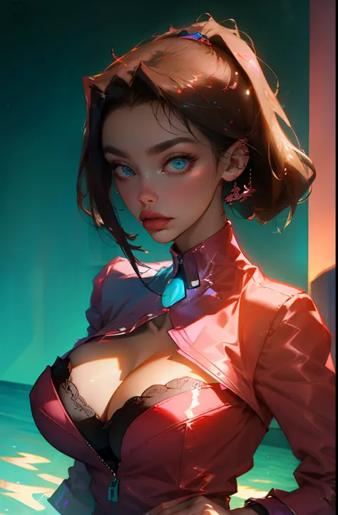 Highest quality,The perfect masterpiece,Perfect artwork,8K,
(Upper body portrait:1.5),(gigantic breasts:1.3),Delicate face, lens, slendered abs, ( tea Gardner), anzu, Yugioh, 
((Aletta ocean face)), blue ribbon on collar, pink blazer,Beauty and dragon,wate...