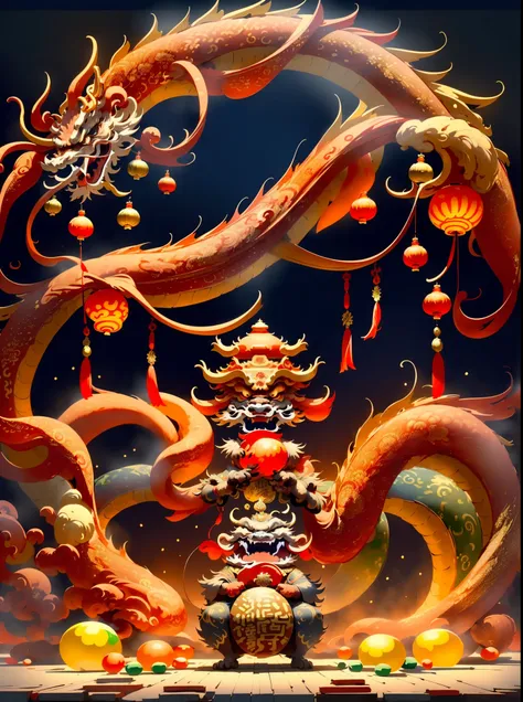 I am looking for an ultra-detailed, digital art piece that emulates the Song dynasty ink painting style, depicting the Imperial Dragon Emperor. The theme of the artwork should be the celebration of the New Year, including vibrant bursts of fireworks and th...