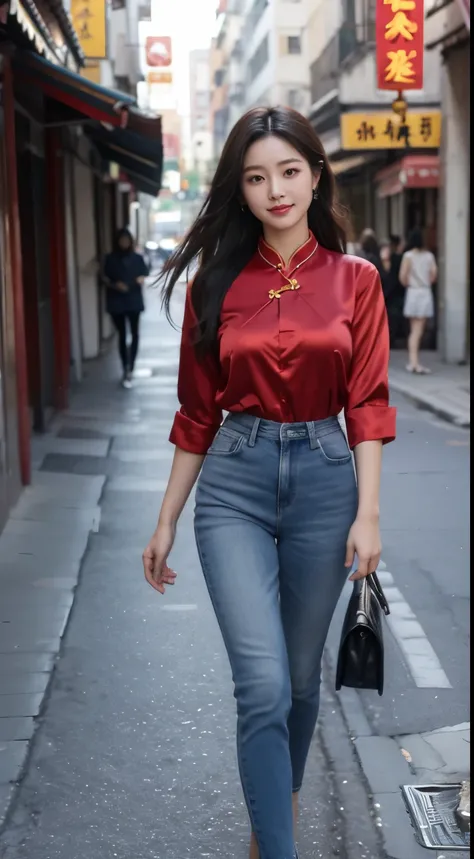 Foto hiperrealista en primer plano de Kim Ji-soo from Korea, masterpiece, best quality, (photorealistic:1.4), full body, Luxurious red Satin Cheongsam shirt, blue jeans, China Town, sunny day, cinematic light, beautiful woman, skinny, large big breasts, bl...