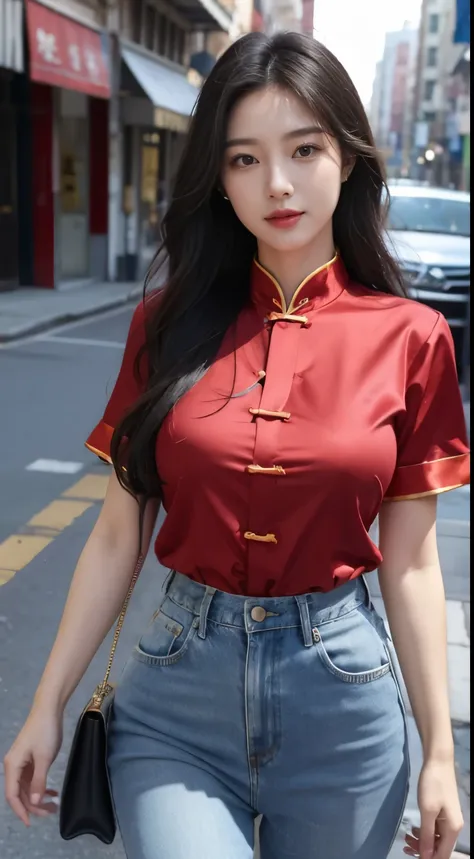 Foto hiperrealista en primer plano de Kim Ji-soo from Korea, masterpiece, best quality, (photorealistic:1.4), full body, Luxurious red Satin Cheongsam shirt, blue jeans, China Town, sunny day, cinematic light, beautiful woman, skinny, large big breasts, bl...