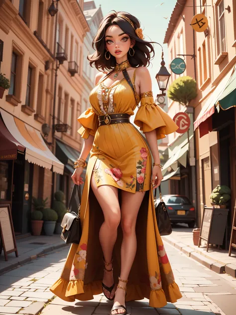 Master professional photography, beautiful woman in bohemian dress and accessories, extreme textures and details, full body portrait shot, bohemian city landmarks background, 64K