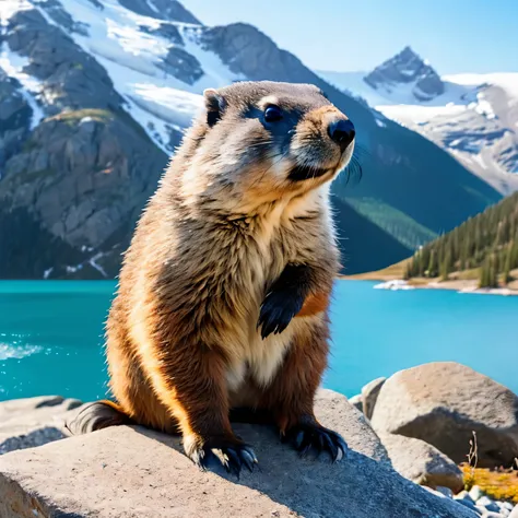 A cute furry marmot on a pile of rocks, The expression is angry,Groundhog carrying gun,snowy mountain background, Turquoise glacial lake in the distance, clear blue sky, Very detailed, prime time, Natural light, octane rendering, Unreal Engine