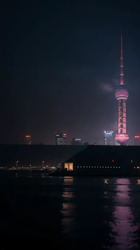 8k, masterpiece, high detailed, high resolution, future city, large lake, neon light, Shanghai, cyberpunk, cyberpunk city, cyberpunk style, fog, another view, night time, no one