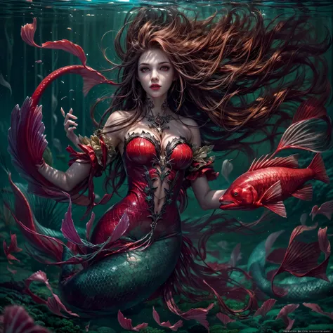 high details, best quality, 16k, [ultra detailed], masterpiece, best quality, (extremely detailed), full body, ultra wide shot, RAW, photorealistic, dark fantasy art, dnd art, rpg art, realistic art, an ultra wide picture of a vampiric mermaid (1.5 intrica...