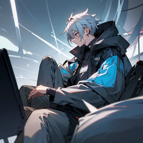 masterpiece、very detailed、One Boy、profile、gray hair、gray eyes、cyber punk、hoodie、gray coat、earrings、sitting、Night sky background