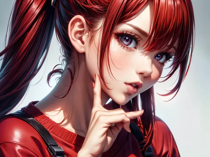 girl, ponytail, red hair, in summer clothing, erotically sitting, parted lips, one of finger in mouth,illustration,detailed portrait,high resolution,realistic style,vibrant colors,soft lighting