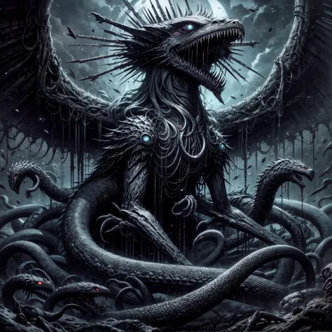 dark soul boss, Elden Ring style, HP.lovecraft,a terrific creature, an eldritch abomination, lots of long thick tentacles, countless mouth with sharp teeth, colossal shape, lots of glowing eyes,spike, scales,claws, chimera,horn, horror,wings,all combine to...