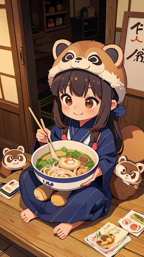 a tanuki disguised as a japanese girl is happily eating steaming tanuki soba noodles.。