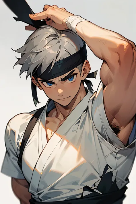 light gray hair color, short hair, martial arts teen boy, (Meticulous muscle detail:1.2), smooth skin, serious look,(torn white short sleeve shirt:1.2), dirty and tattered clothes , White Hachimaki, (Rin々thick eyebrows:1.11), muscular legs , wrapping cloth...