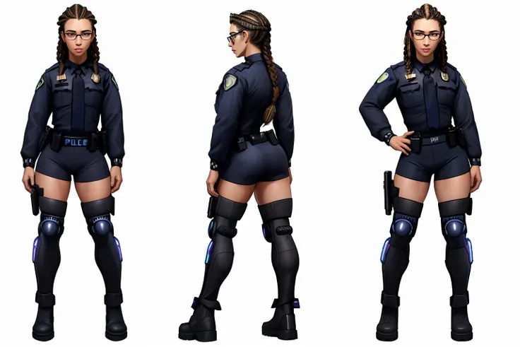 ((masterpiece)),(((best quality))),((character design sheet)), illustration,1woman, environment Scene change, (long braided hair:1.4),((cyberpunk police officer:1.5)), muscular, black legs, thick legs, (pale skin:1.3)scribbles and marks, light blue shirt, ...