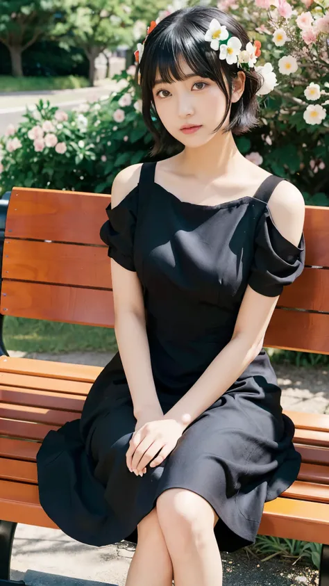 girl short hair sitting on a bench with flowers in her hair, hinata hyuga, anime girl wearing a black dress, made with anime painter studio, portrait of mayuri shiina, sasoura, hana yata, painted in anime painter studio, kotegawa yui, anime style character...